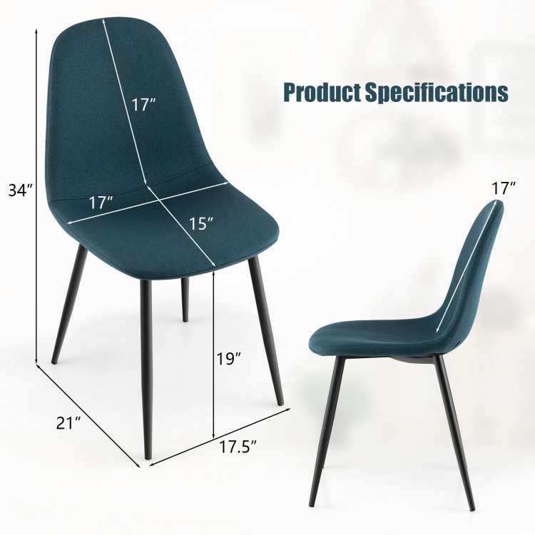 Blue dining chair with black metal legs, ergonomic backrest, and foam upholstery, ideal for dining rooms and kitchens.